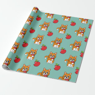 Cute Orange White Cat Eating Red Apple Cartoon Wrapping Paper
