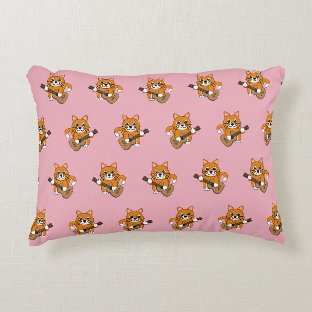 Cute Orange White Cat Playing Guitar Cartoon Accent Pillow (Front)