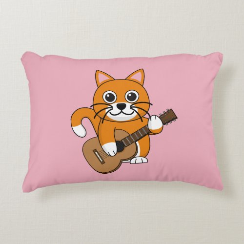 Cute Orange White Cat Playing Guitar Cartoon Accent Pillow