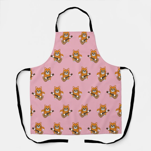 Cute Orange White Cat Playing Guitar Cartoon Apron (Front)