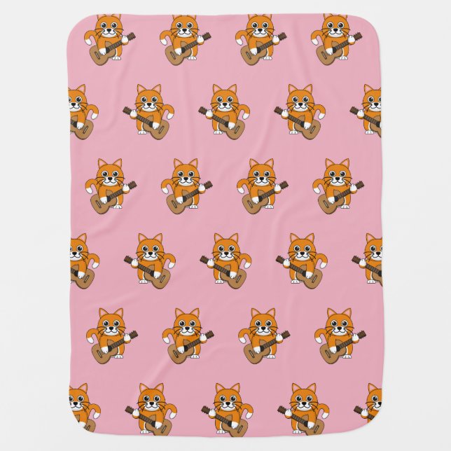 Cute Orange White Cat Playing Guitar Cartoon Baby Blanket (Front)