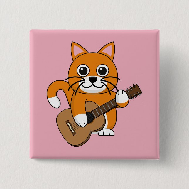 Cute Orange White Cat Playing Guitar Cartoon Button (Front)