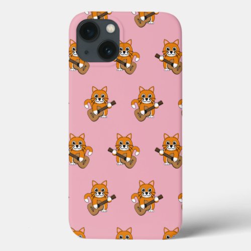 Cute Orange White Cat Playing Guitar Cartoon iPhone 13 Case