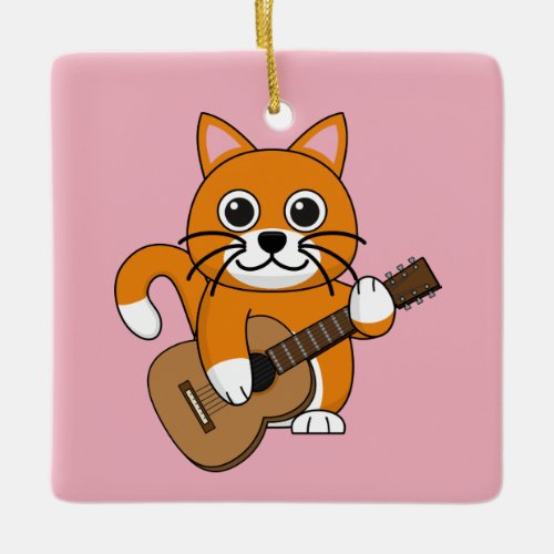Cute Orange White Cat Playing Guitar Cartoon Ceramic Ornament