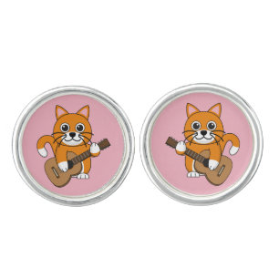 Cute Orange White Cat Playing Guitar Cartoon Cufflinks