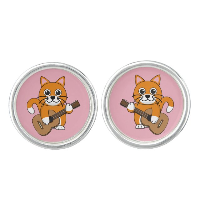 Cute Orange White Cat Playing Guitar Cartoon Cufflinks (Front)