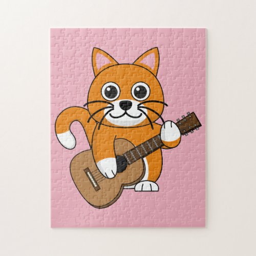 Cute Orange White Cat Playing Guitar Cartoon Jigsaw Puzzle