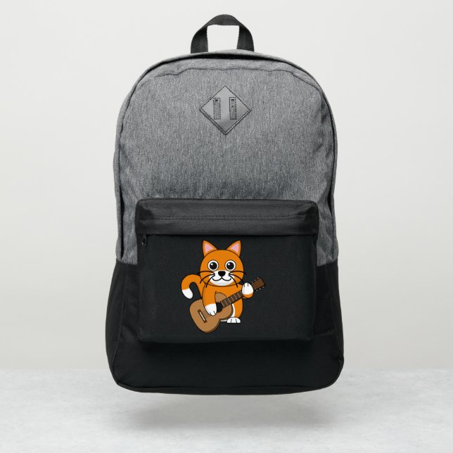 Cute Orange White Cat Playing Guitar Cartoon Port Authority® Backpack (Front)