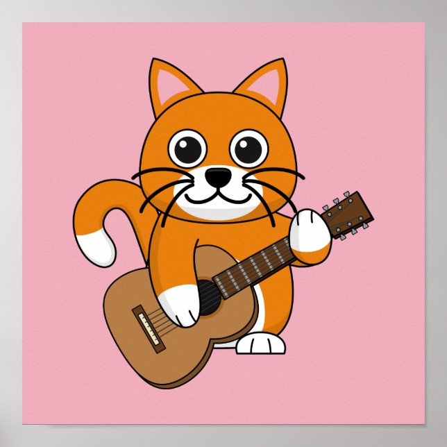 Cute Orange White Cat Playing Guitar Cartoon Poster (Front)