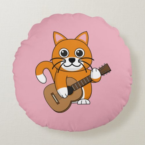 Cute Orange White Cat Playing Guitar Cartoon Round Pillow