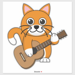 Cute Orange White Cat Playing Guitar Cartoon Sticker