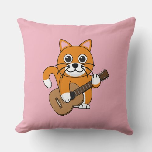 Cute Orange White Cat Playing Guitar Cartoon Throw Pillow
