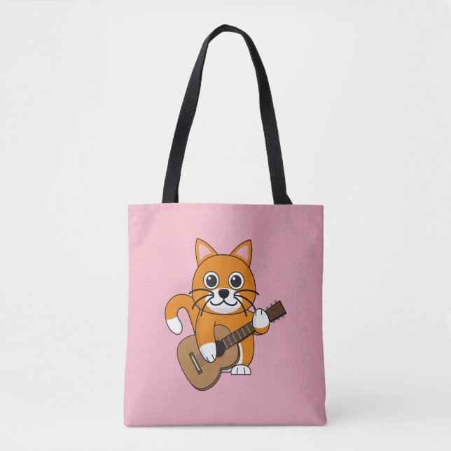 Cute Orange White Cat Playing Guitar Cartoon Tote Bag (Front)