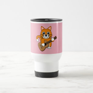 Cute Orange White Cat Playing Guitar Cartoon Travel Mug