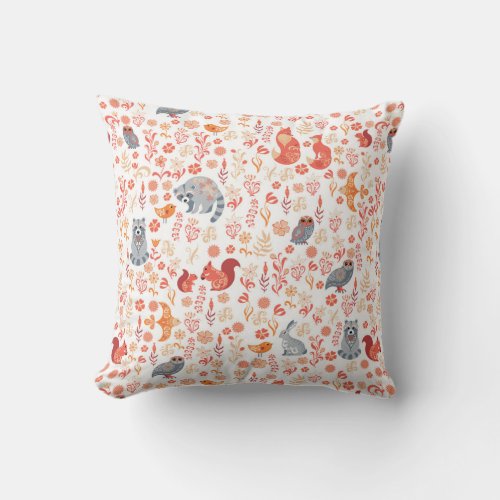 Cute Orange Woodsy Animal Pattern Throw Pillow