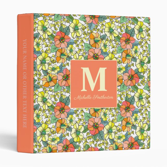 Cute Orange Yellow Flowers Green Leaves Monogram  3 Ring Binder (Front/Spine)