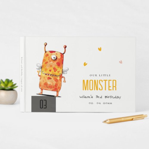 Cute Orange Yellow One Eyed Monster Kids Birthday Guest Book