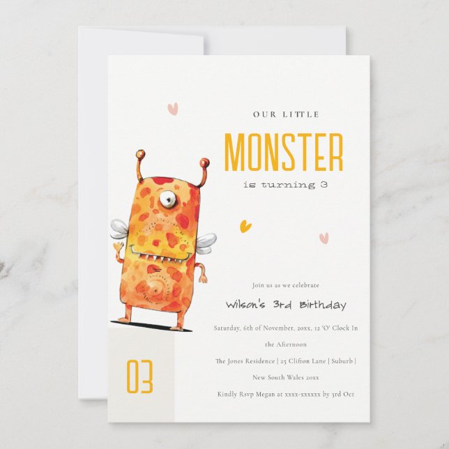 Cute Orange Yellow One Eyed Monster Kids Birthday Invitation (Front)