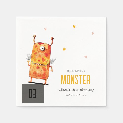 Cute Orange Yellow One Eyed Monster Kids Birthday Napkins