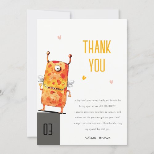 Cute Orange Yellow One Eyed Monster Kids Birthday Thank You Card