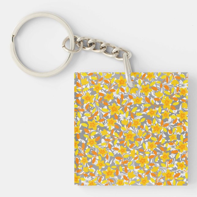 Cute orange yellow white flowers patterns keychain (Front)