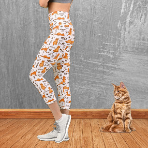 Cute Orange Yoga Cat Pattern Capri Leggings