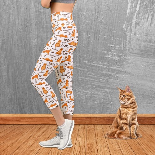 Cute Orange Yoga Cat Pattern Capri Leggings