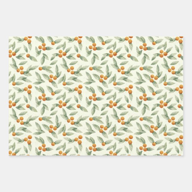 Cute Oranges and Green Leaves Pattern Wrapping Paper Sheets (Front)