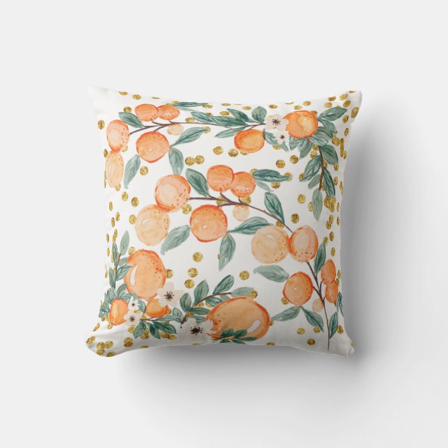 Cute Oranges Fruit Country Gold Glitter White  Outdoor Pillow (Front)