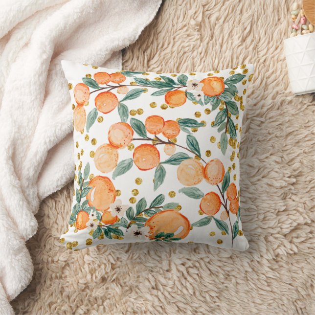 Cute Oranges Fruit Country Gold Glitter White Throw Pillow (Blanket)