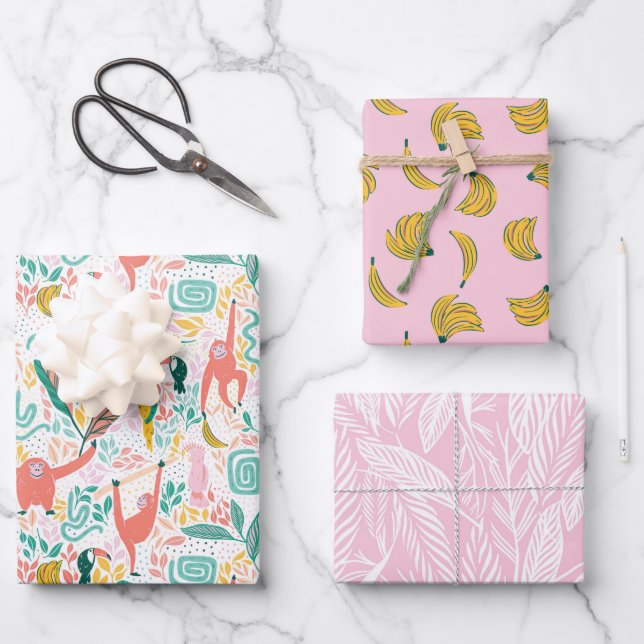 Cute Orangutan, banana and pink tropical leaves Wrapping Paper Sheets (Front)
