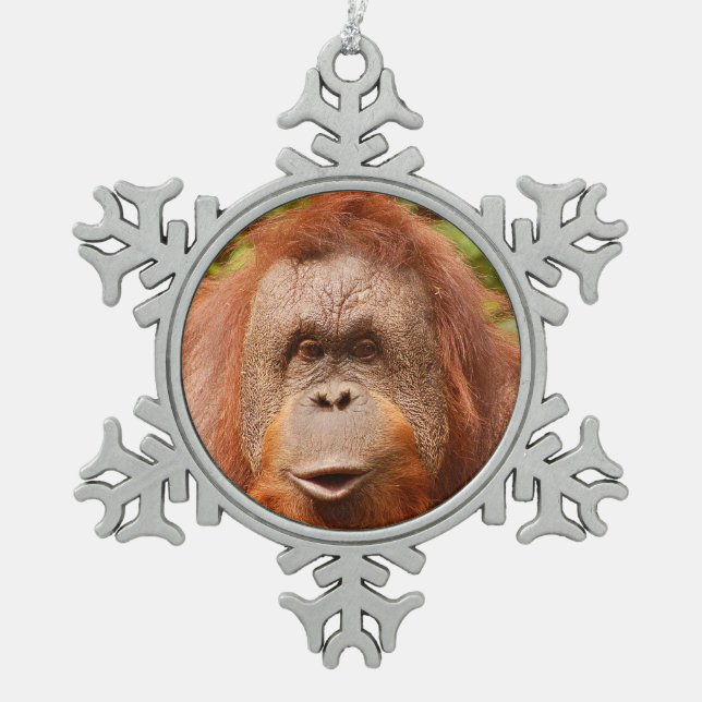 Cute orangutan face snowflake pewter christmas ornament (Front)