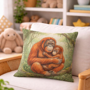 Cute Orangutan Mama And Baby Jungle Animals Throw Pillow