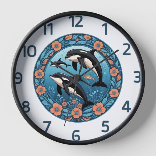 Cute Orca Pod Swimming with Flowers Clock