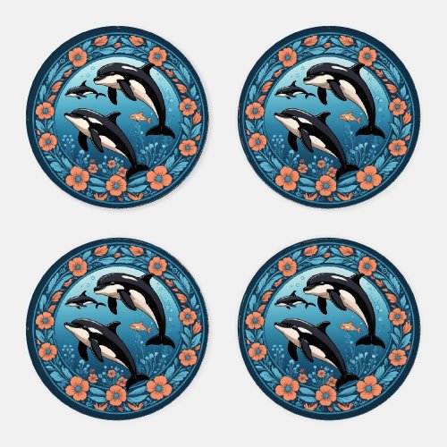 Cute Orca Pod Swims with Flowers Coaster