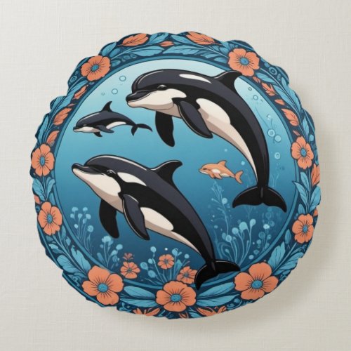 Cute Orca Pod Swims with Flowers Pillow