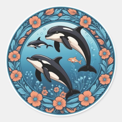 Cute Orca Pod Swims with Flowers Sticker