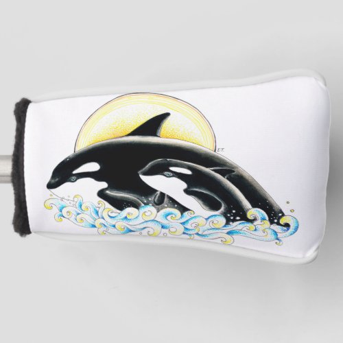 Cute Orca Whale Family Blue Waves And Sun Golf Head Cover