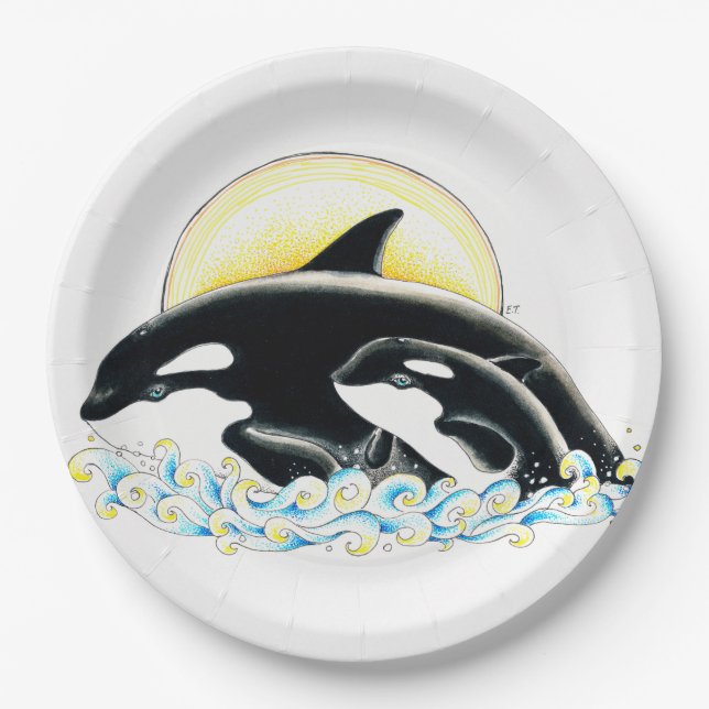 Cute Orca whale Family ink art Paper Plates (Front)