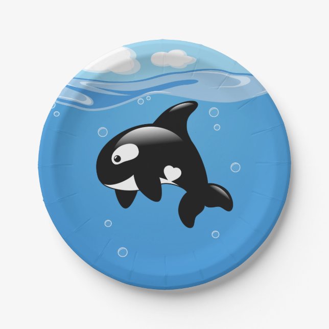 Cute Orca Whale in Ocean Paper Plates (Front)