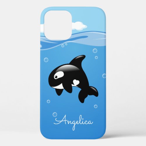 Cute Orca Whale in Ocean with Custom Name iPhone 12 Case