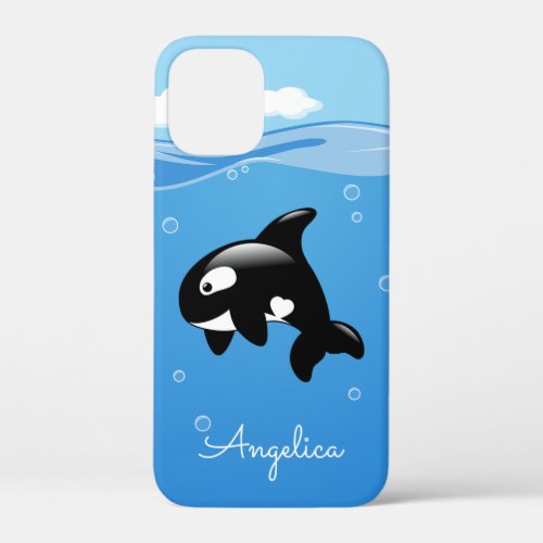 Cute Orca Whale in Ocean with Custom Name iPhone 12 Mini Case