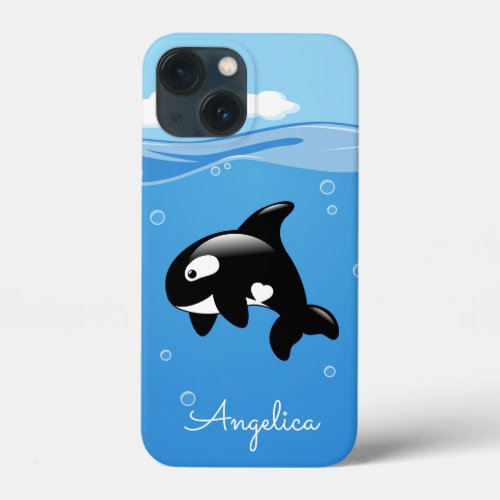 Cute Orca Whale in Ocean with Custom Name iPhone 13 Mini Case