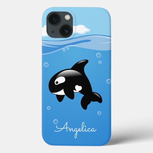 Cute Orca Whale in Ocean with Custom Name iPhone 13 Case