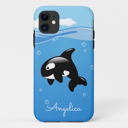 Cute Orca Whale in Ocean with Custom Name iPhone 11 Case