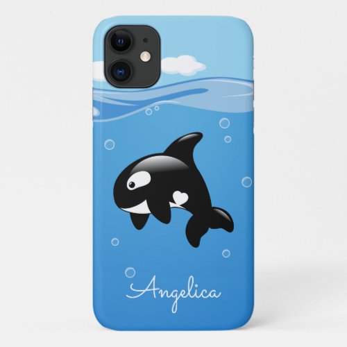 Cute Orca Whale in Ocean with Custom Name iPhone 11 Case