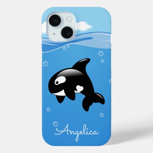 Cute Orca Whale in Ocean with Custom Name iPhone 15 Case