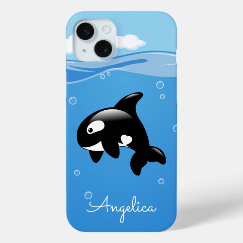 Cute Orca Whale in Ocean with Custom Name iPhone 15 Plus Case