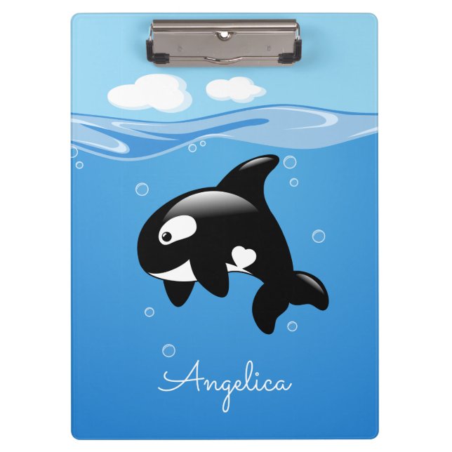 Cute Orca Whale in Ocean with Custom Name Clipboard (Front)