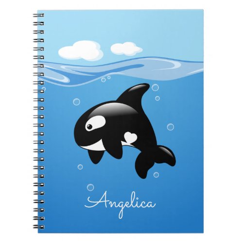 Cute Orca Whale in Ocean with Custom Name Notebook